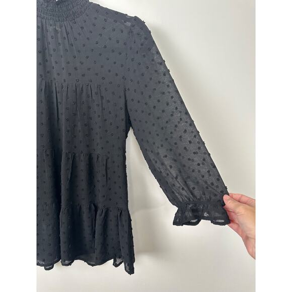 NEW Monteau Los Angeles S Black Tunic Textured Dot Lined Top Blouse D2 - Picture 2 of 7